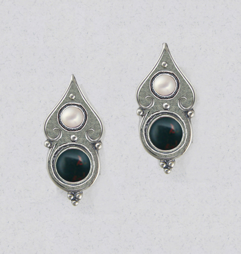 Sterling Silver Gothic Look Post Stud Earrings With Bloodstone And Cultured Freshwater Pearl